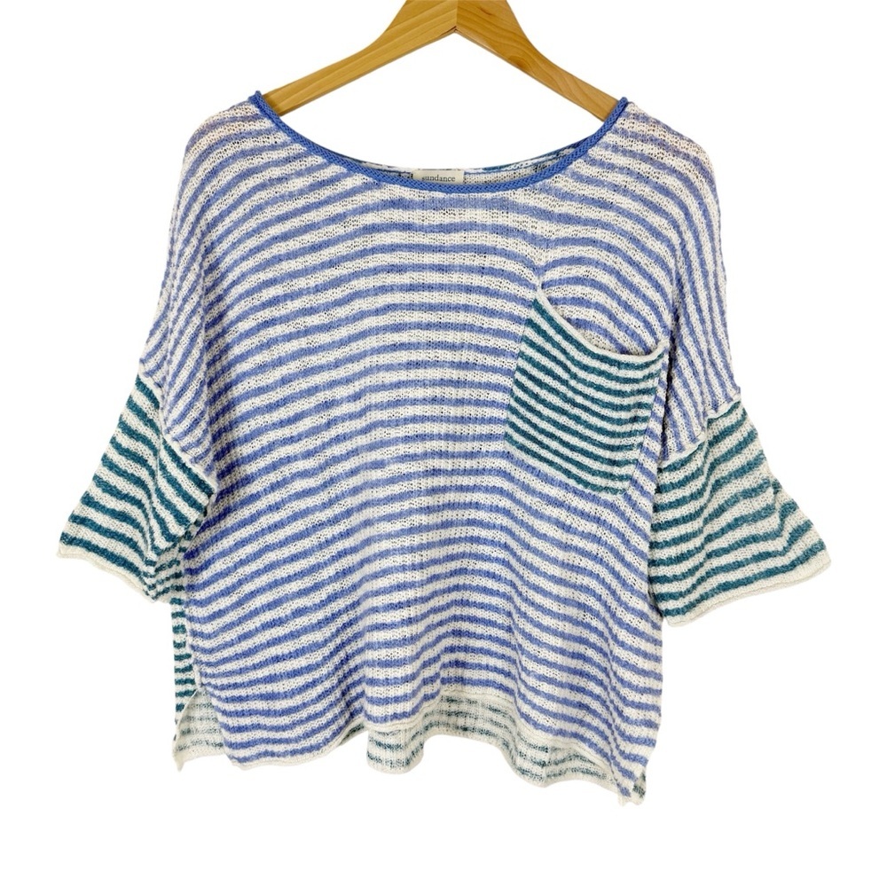 Sundance Journey Joy Open Knit Short-Sleeve Sweater Top Sky Stripe